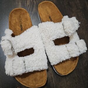Fashion Nova White Sherpa Buckle Slide Mules